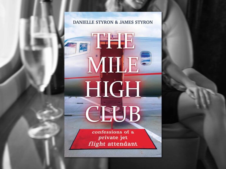 Image shows the interior of a private jet. Inset is a book cover featuring a jet.
