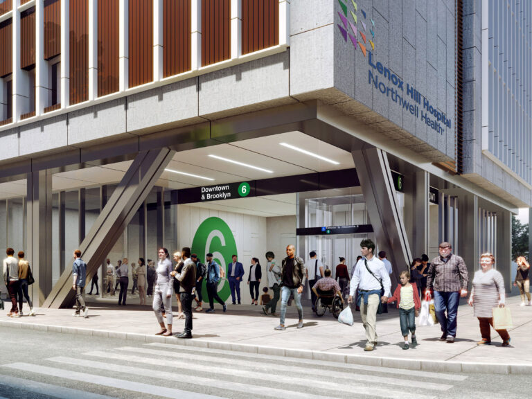 Rendering shows a subway entrance at the base of a new medical tower.