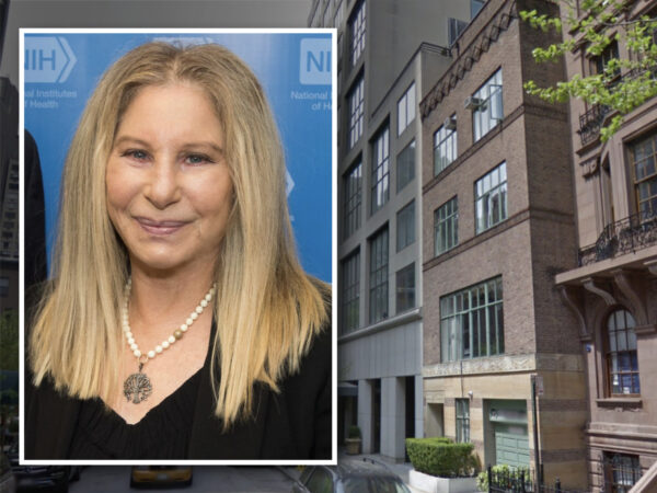 Composite shows Barbra Streisand, an older blonde woman, inset in a photo of a red brick townhouse.