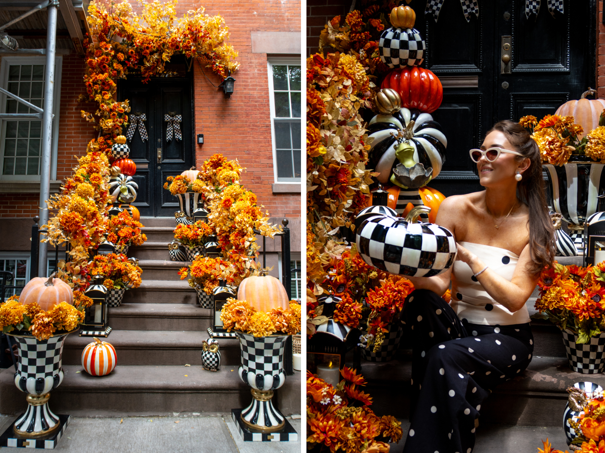 Composite shows a decorated stoop and a woman sitting on a decorated stoop.