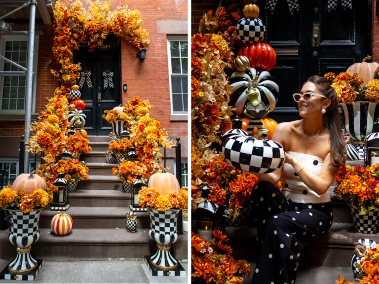 Composite shows a decorated stoop and a woman sitting on a decorated stoop.